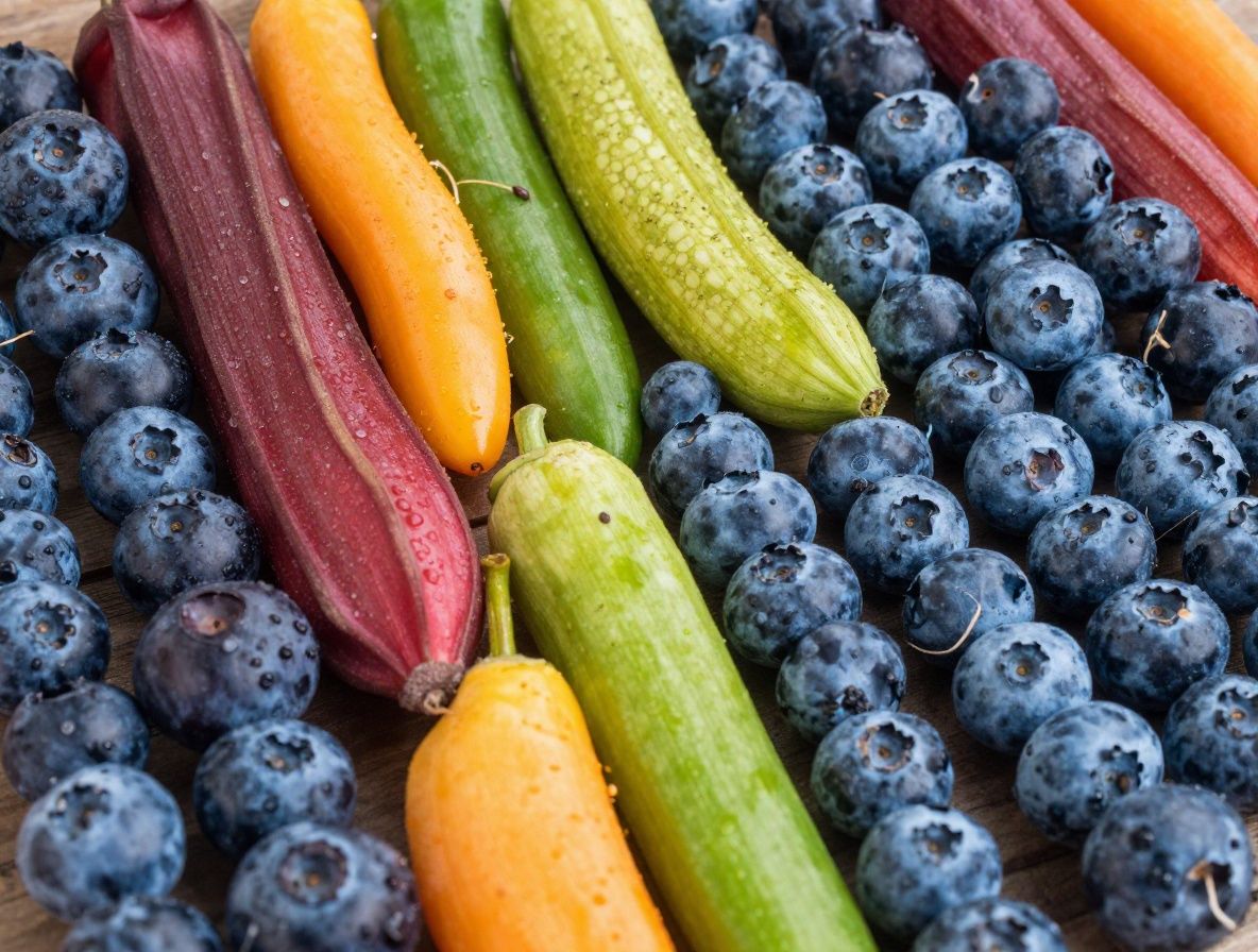 Närbild på färgglada naturliga frukter och grönsaker – apelsiner, spenat, paprika, blåbär och nötter – arrangerade estetiskt på en ljus marmorbänk som symbol för näringskällor