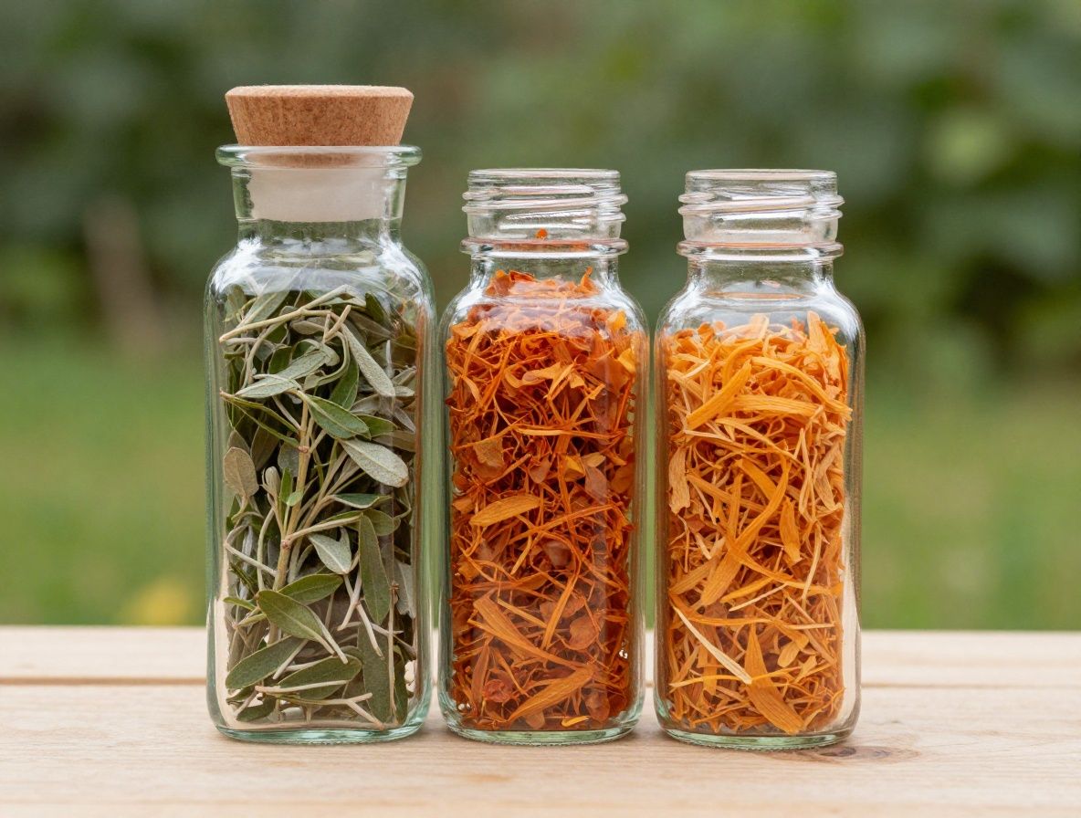 Makronärbild på torkade örter och kryddor – timjan, oregano, mynta – i småburkar av glas på ett naturträ-hylla i mjukt diffust ljus