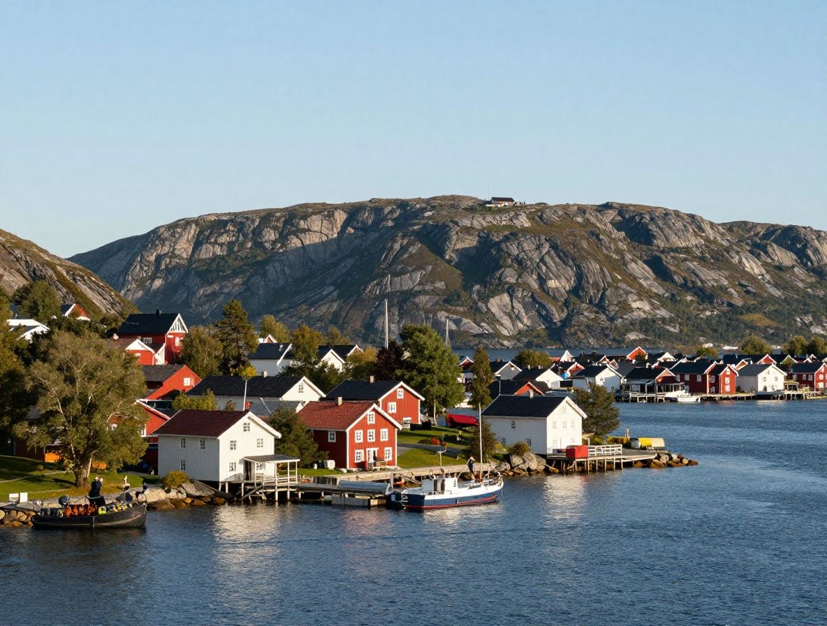 Panoramautsikt över en skandinavisk fjord med gröna kullar, klart vatten och mjukt morgonljus som symboliserar naturlig balans och välmående