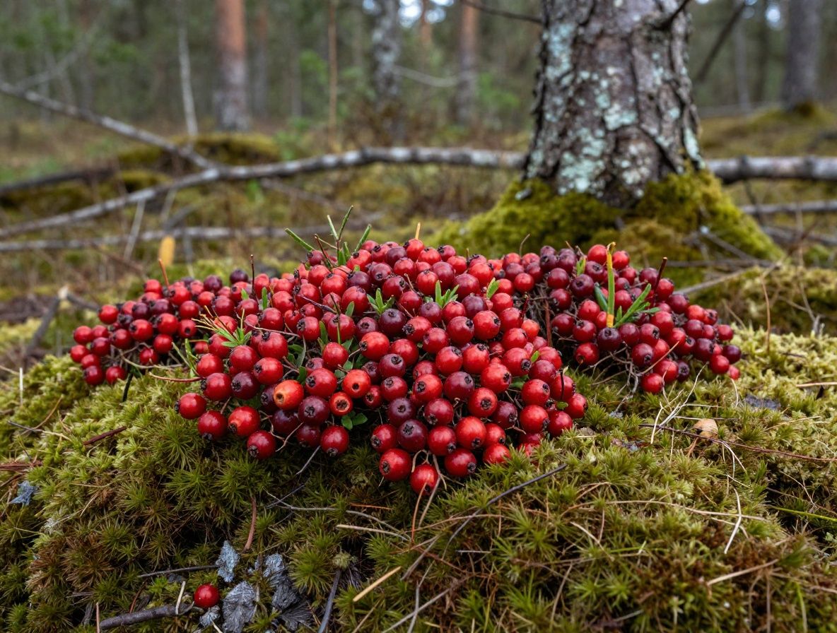 Lingonbärsris med röda bär och gröna blad i mossrik nordisk skogsmark med tallrötter och naturlig skogsjord i mjukt höstljus